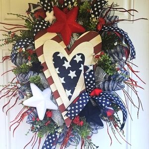 Handmade Patriotic Red white And Blue, Heart and Star Wreath